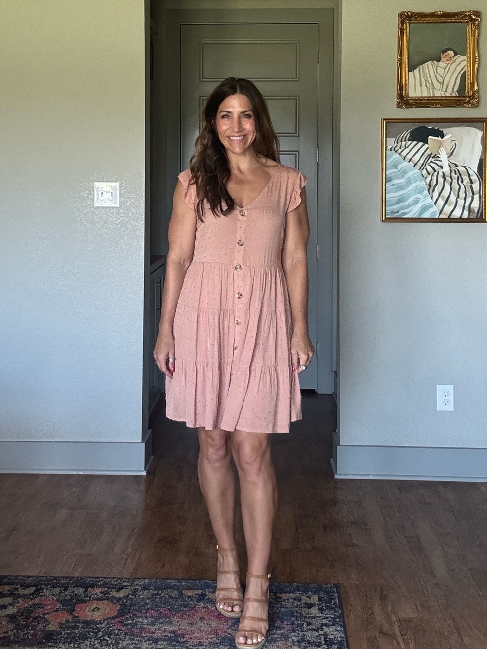 Altar’d State Blush Swiss Dot Tiered Button Front Mini Dress Size Large